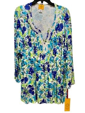 Ruby Rd Blue Floral V-Neck Tunic Top with Lace Trim Long Sleeve 2X NWT